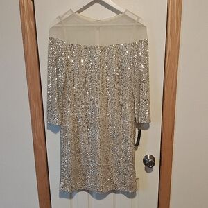R&M Richards Silver Sequin Off-Shoulder Sheath Dress